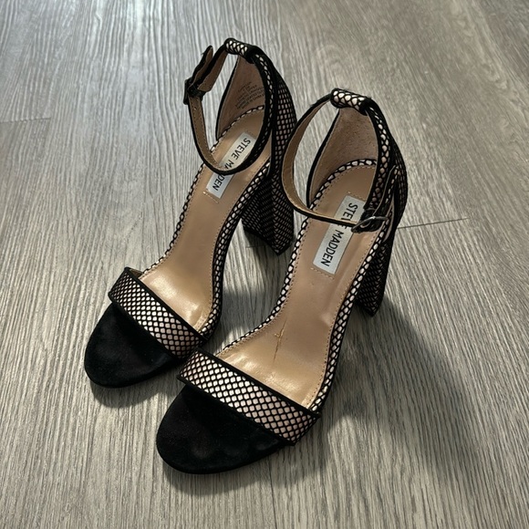Steve Madden Mesh Carrson Black and Tan Ankle Strap Block Heels Size 7.5M - Picture 1 of 7